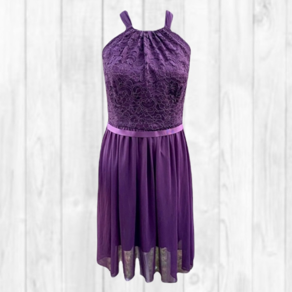 David’s Bridal Purple Knee Length Ribbon Halter Formal Prom Dress (12)